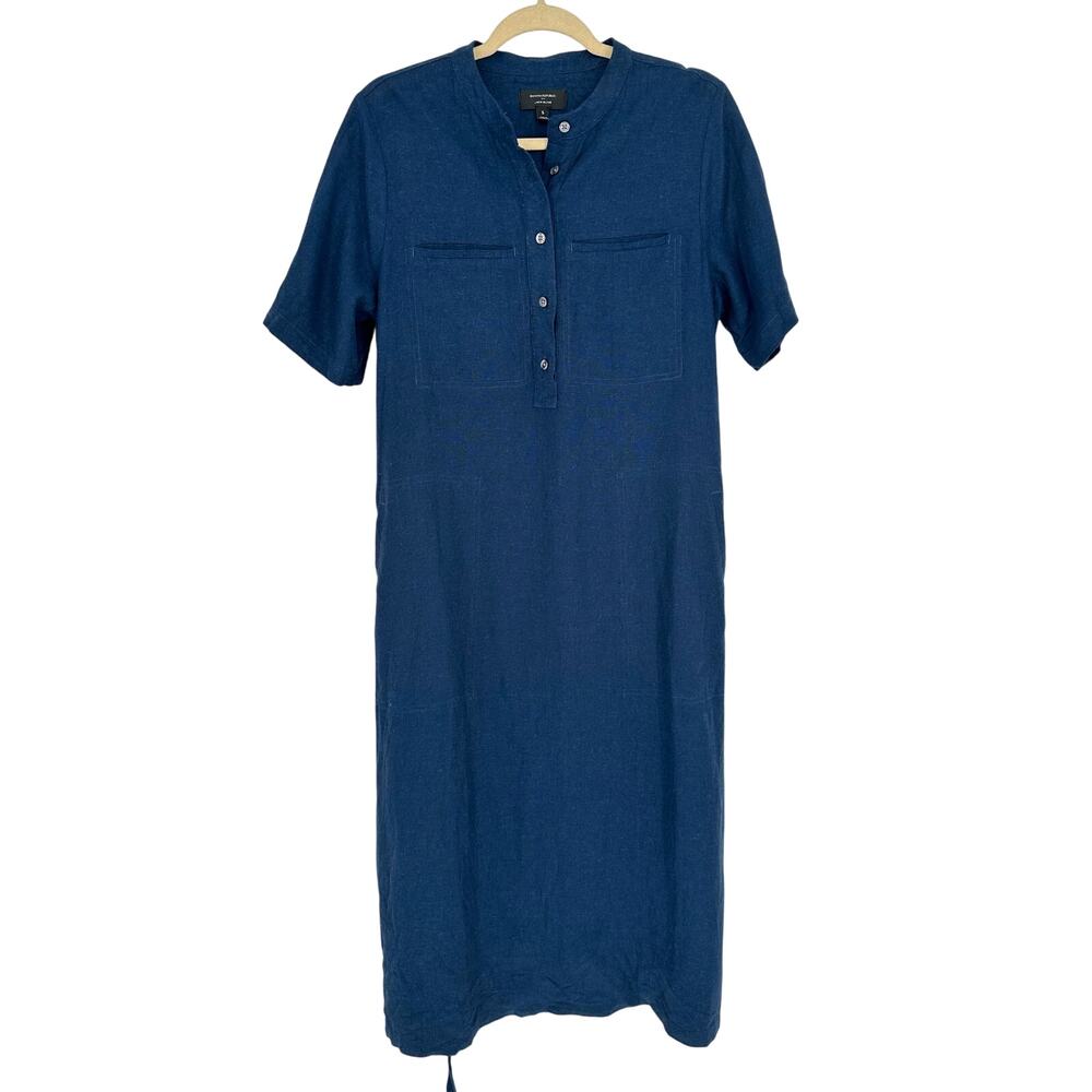 Banana Republic Linen Dress Womens S Blue Chambray Short Sleeve Midi Belted EUC